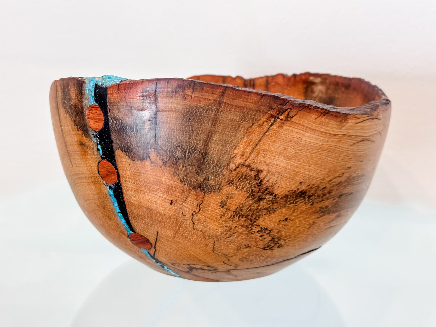 Hawaiian Lama Wood Bowl, Hand-turned in Hawaii, with Turquoise and Anthracite Inlay, Food Safe