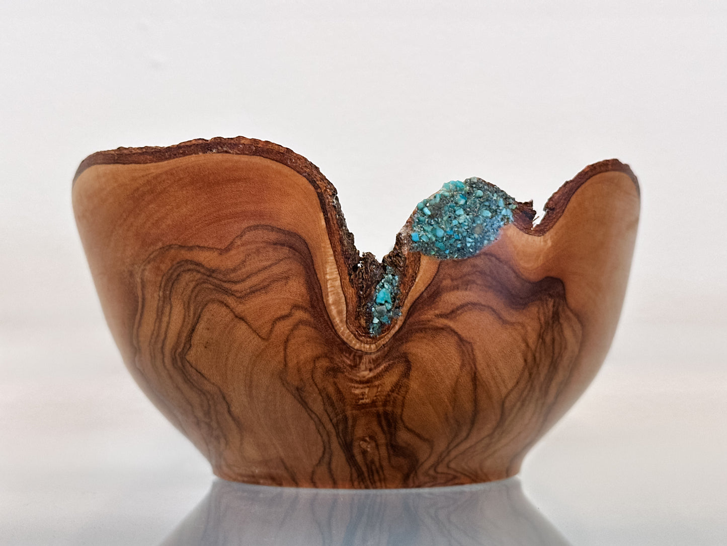 Handmade, Natural Edge Olive Wood Bowl with Turquoise Gemstone Inlay