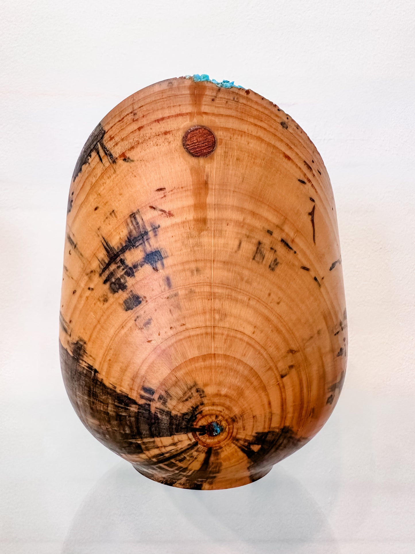 Handmade Vase-Shaped Norfolk Pine Wood Bowl with Turquoise Inlay Detail, Organic Finishes