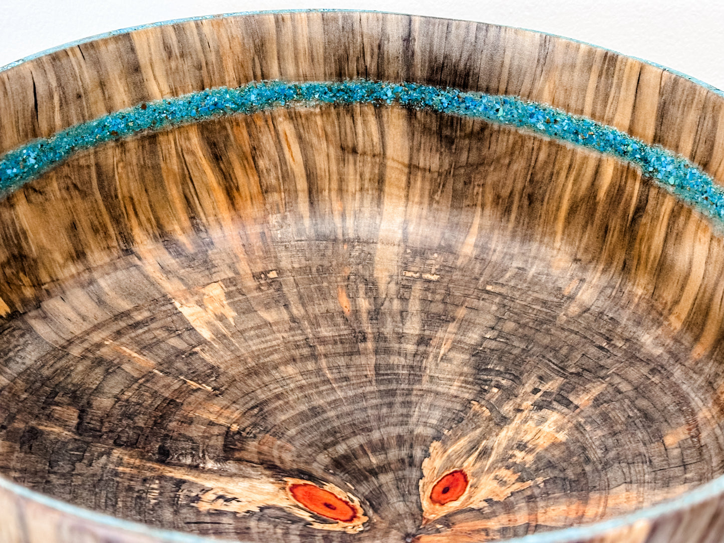Norfolk Pine Wood Bowl with Turquoise Gemstone Inlay, Handmade in Hawaii, Food Safe, Organic Finishes