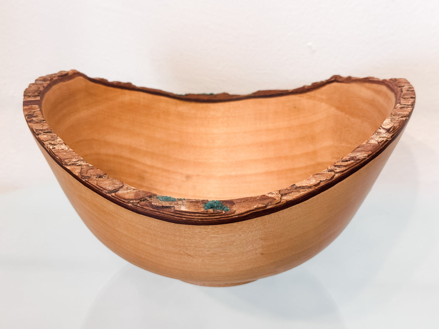 Jacaranda Wood Bowl with Live Edge Bark Inclusion and Turquoise Gemstone Inlay, Handmade in Hawaii, Organic