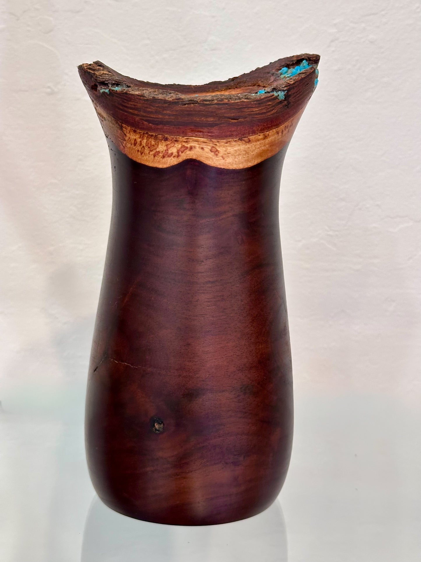 Handmade Milo Wood Vase with Turquoise Gemstone Inlay, Handmade in Hawaii