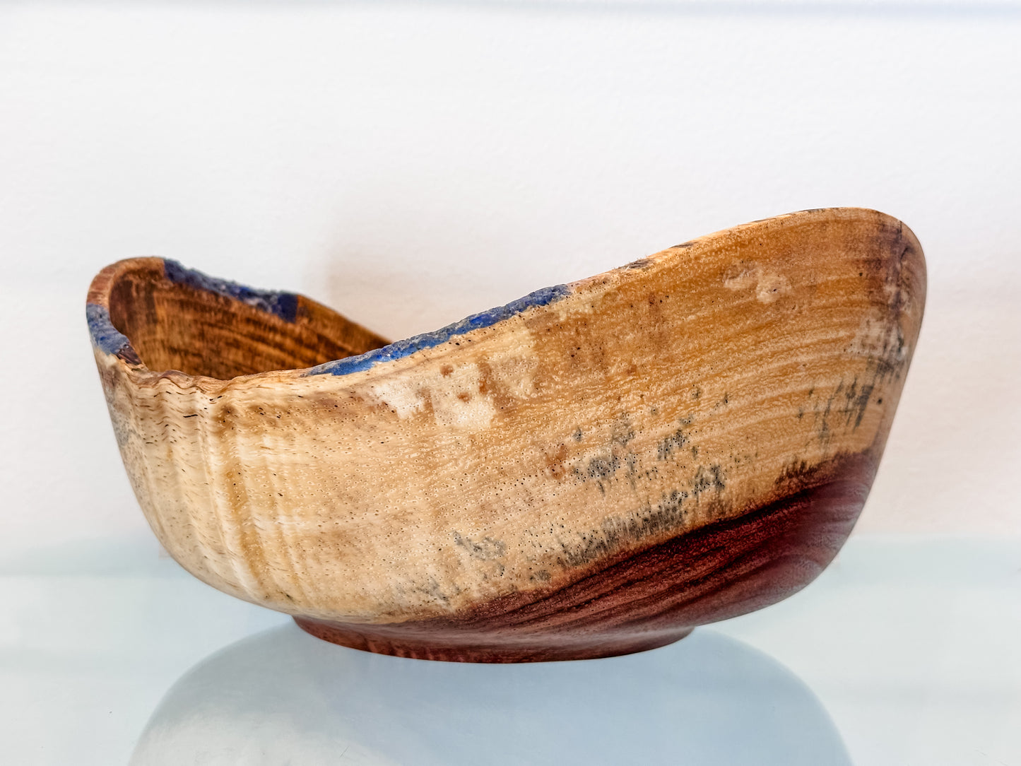 Handturned Natural Edge Earpod Wood Bowl with Lapis Lazuli, Handmade in Hawaii