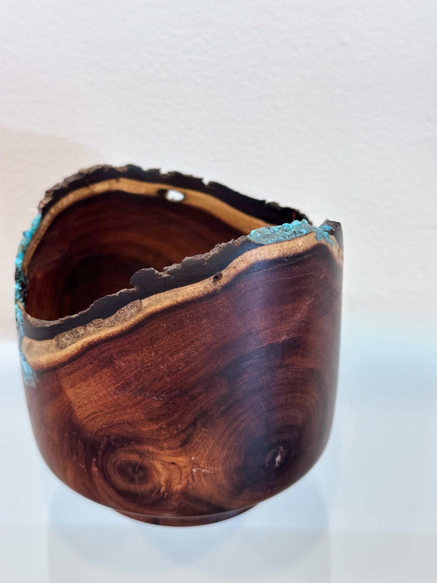Small Koai’a Wood Bowl with Natural Edge and Turquoise and Anthracite Inlay