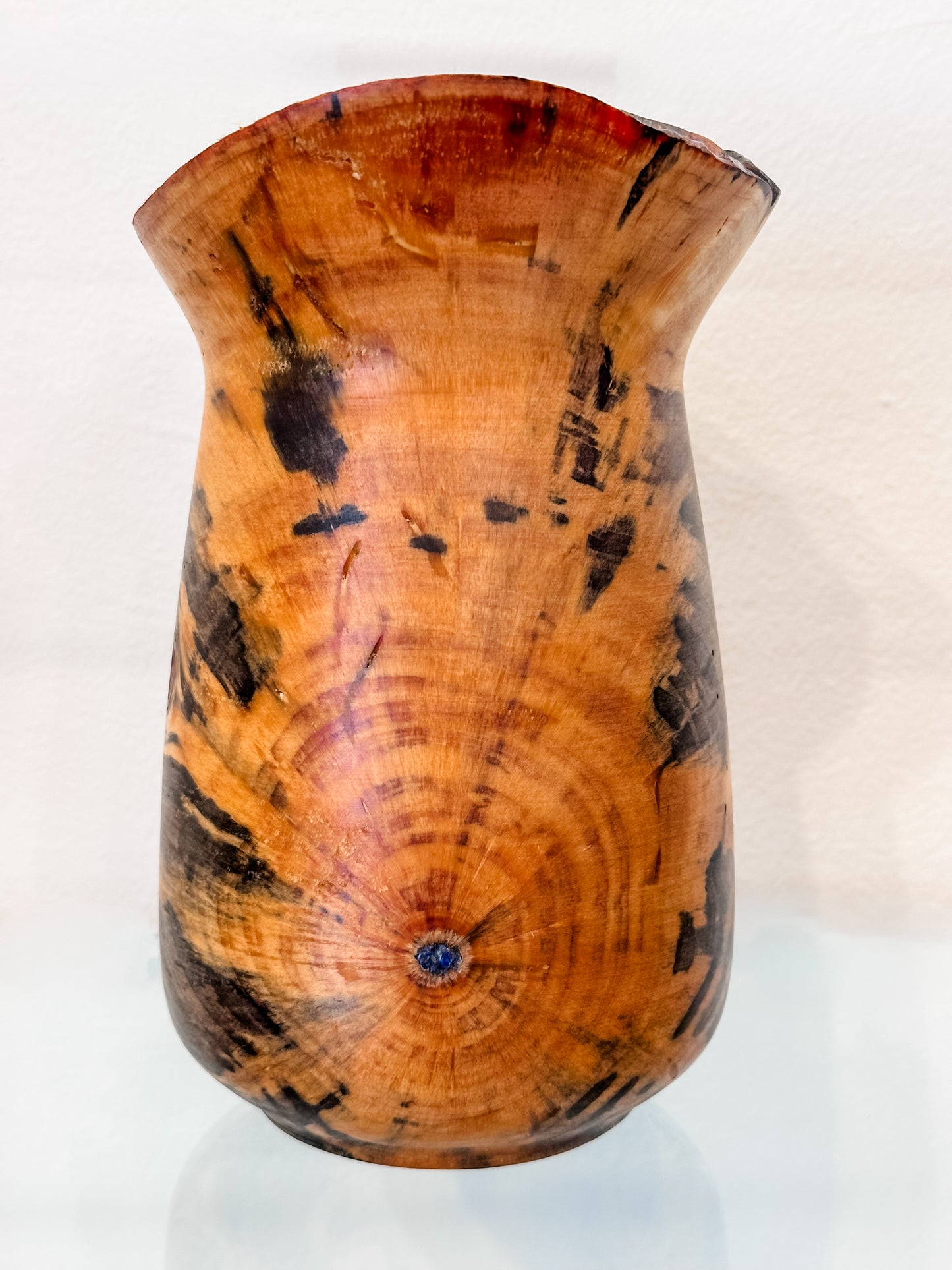 Stunning Handmade Norfolk Pine Wood Vase with Natural Edge and Lapis Lazuli Gemstone Inlay, Handmade in Hawaii