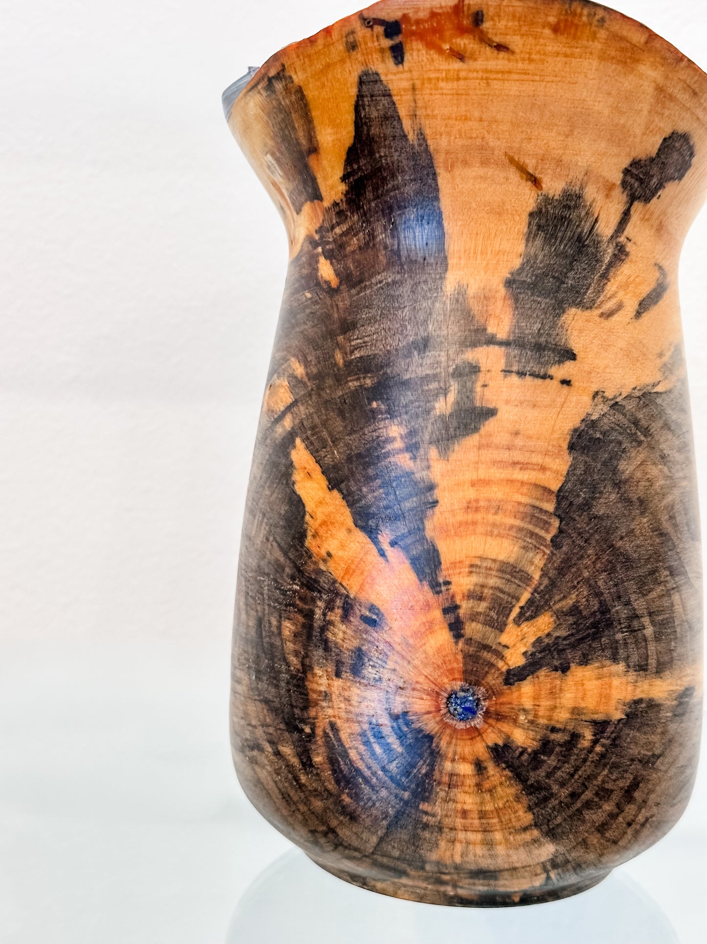 Stunning Handmade Norfolk Pine Wood Vase with Natural Edge and Lapis Lazuli Gemstone Inlay, Handmade in Hawaii
