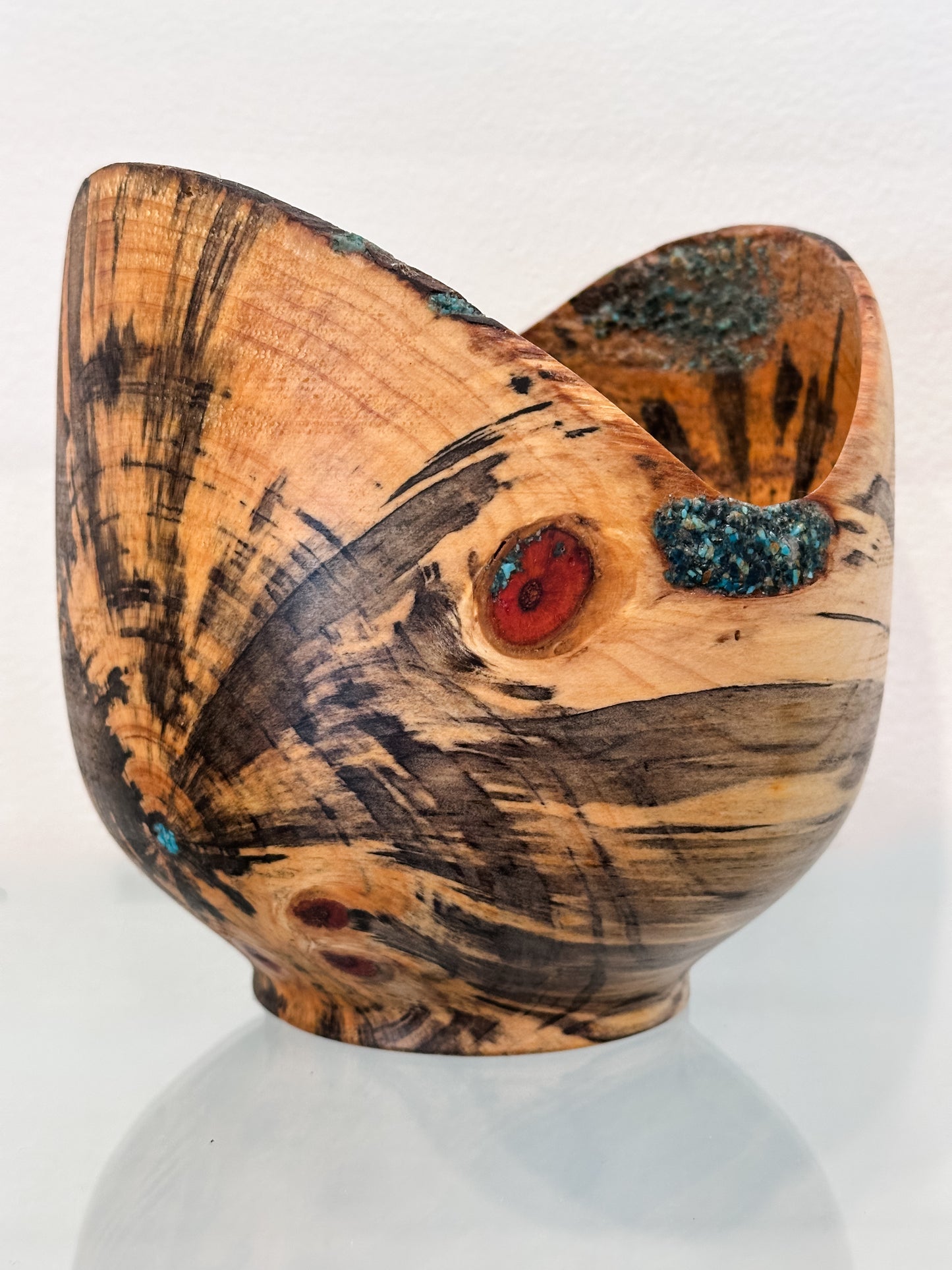 Hand-turned Norfolk Pine Wood Bowl, Handmade in Hawaii, with Turquoise Inlay