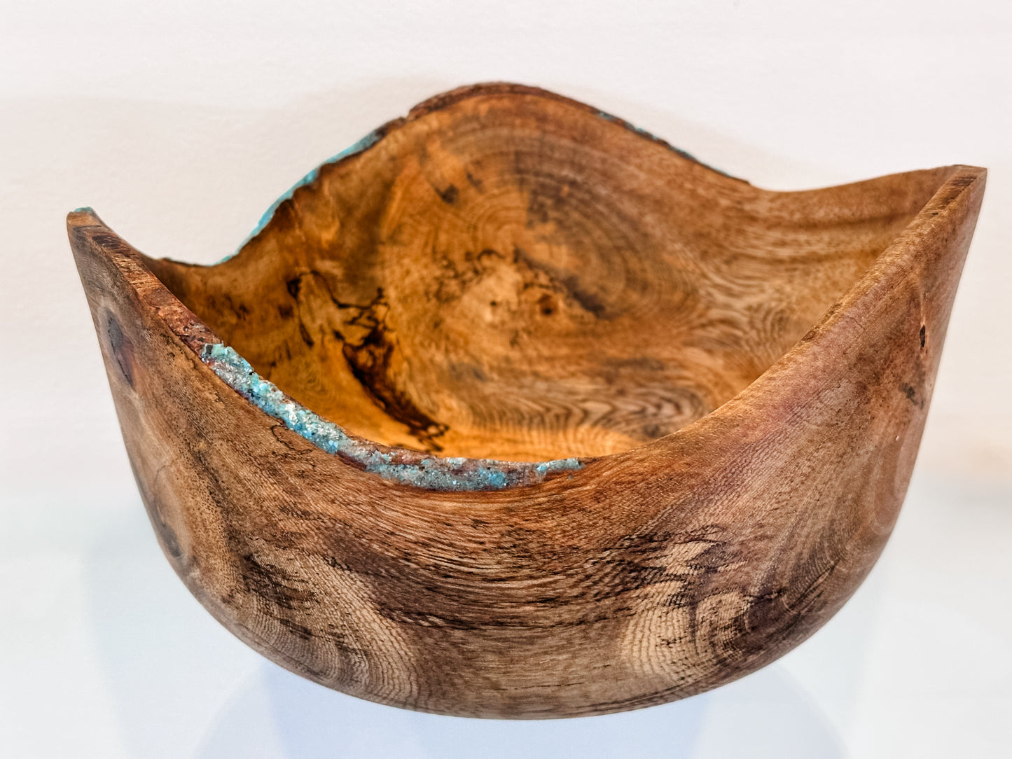 Banyan Wood Bowl, Decorated with Turquoise Gemstone Inlay, Handmade in Hawaii