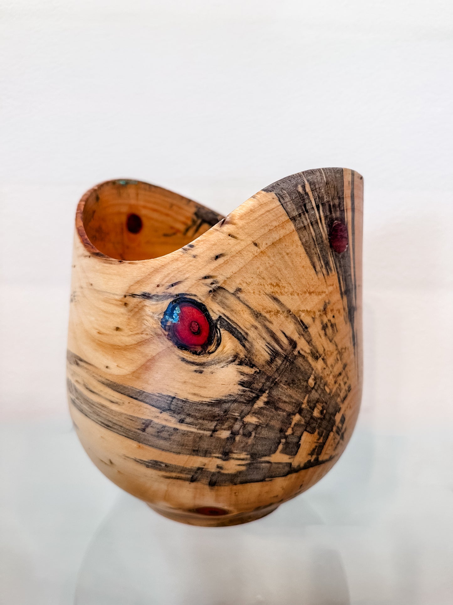 Handmade Vase-Shaped Norfolk Pine Wood Bowl with Turquoise Inlay Detail, Organic Finishes