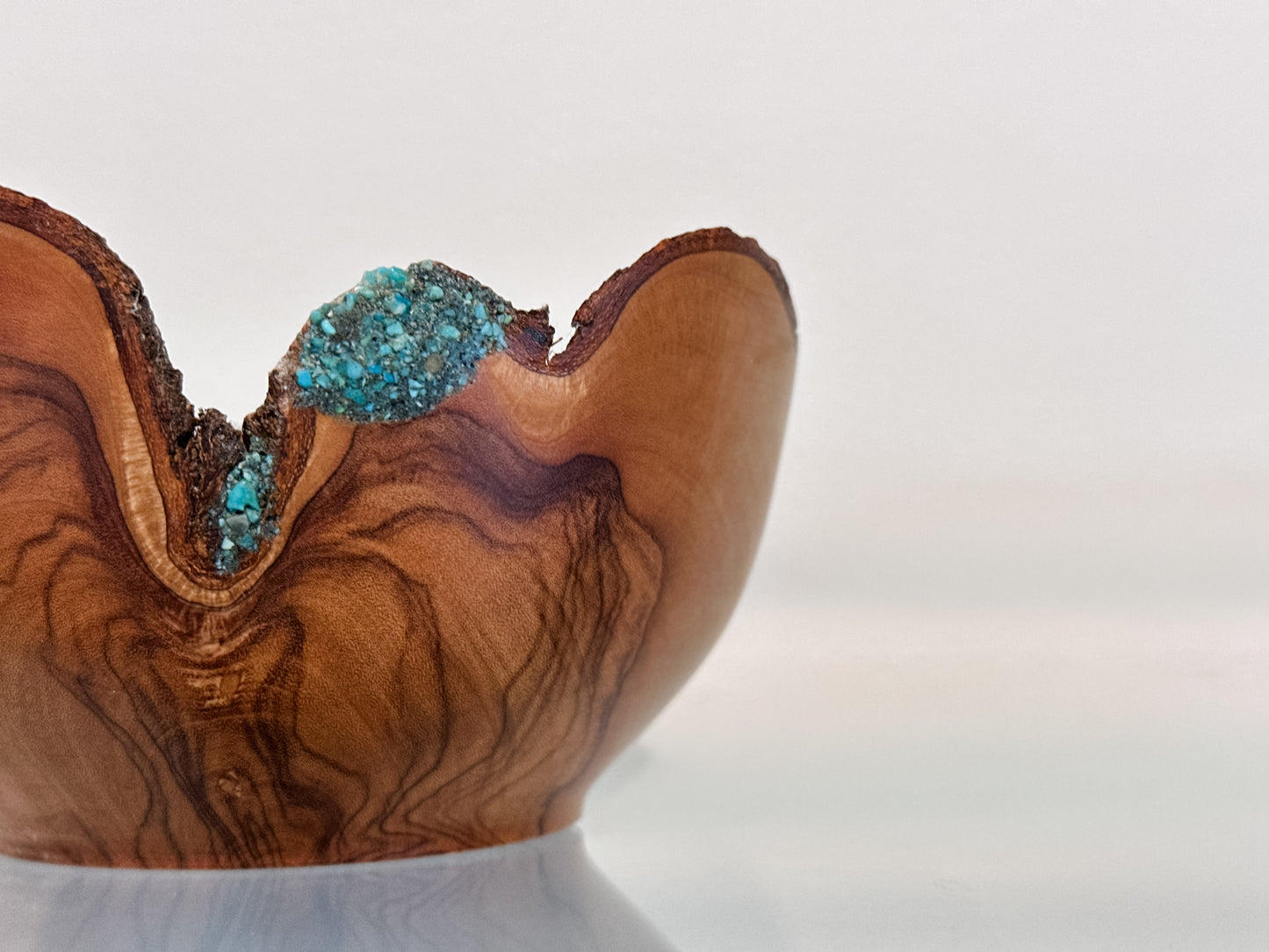Handmade, Natural Edge Olive Wood Bowl with Turquoise Gemstone Inlay