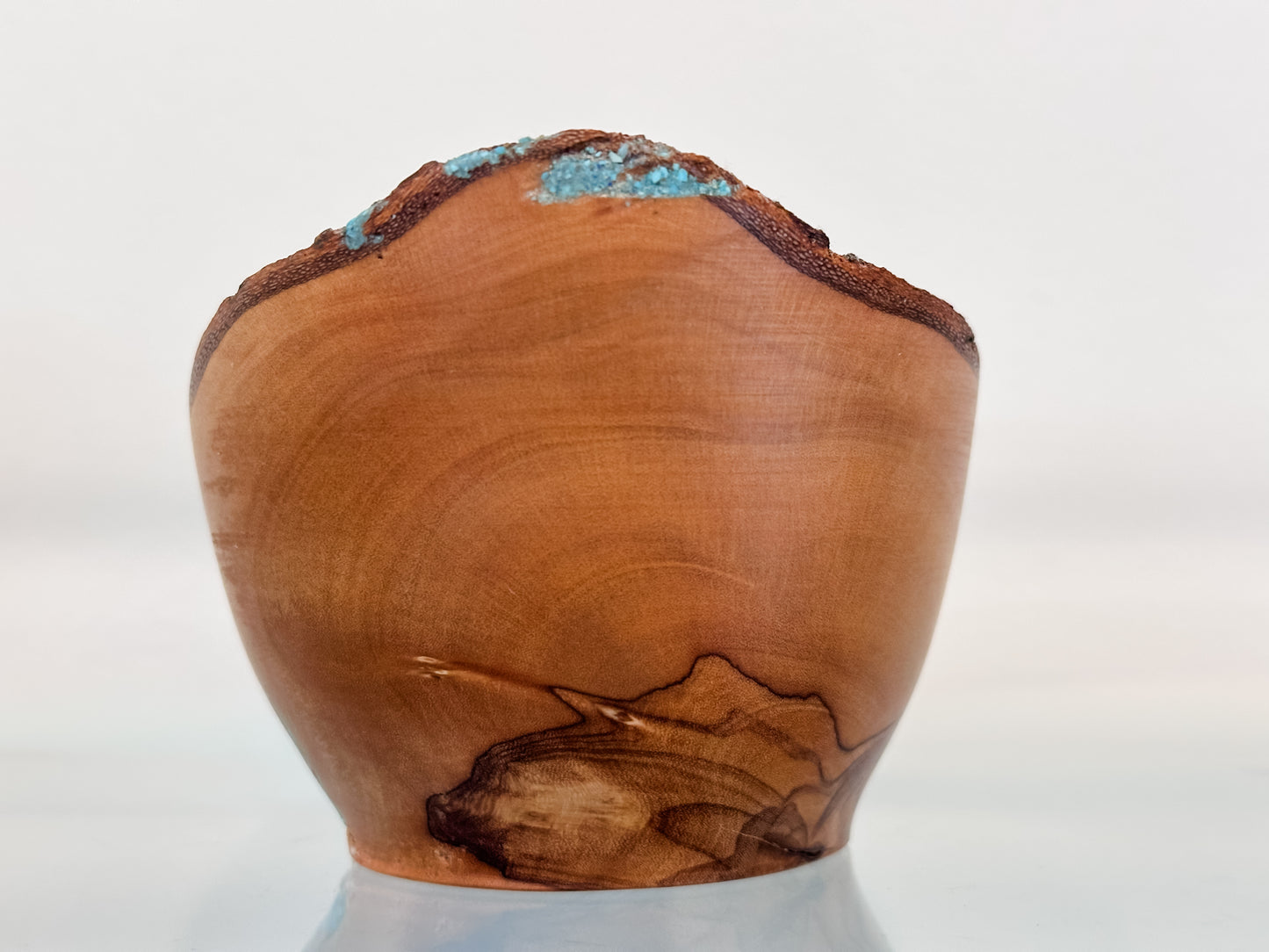 Small, Handmade, Natural Edge Olive Wood Bowl with Turquoise Gemstone Inlay