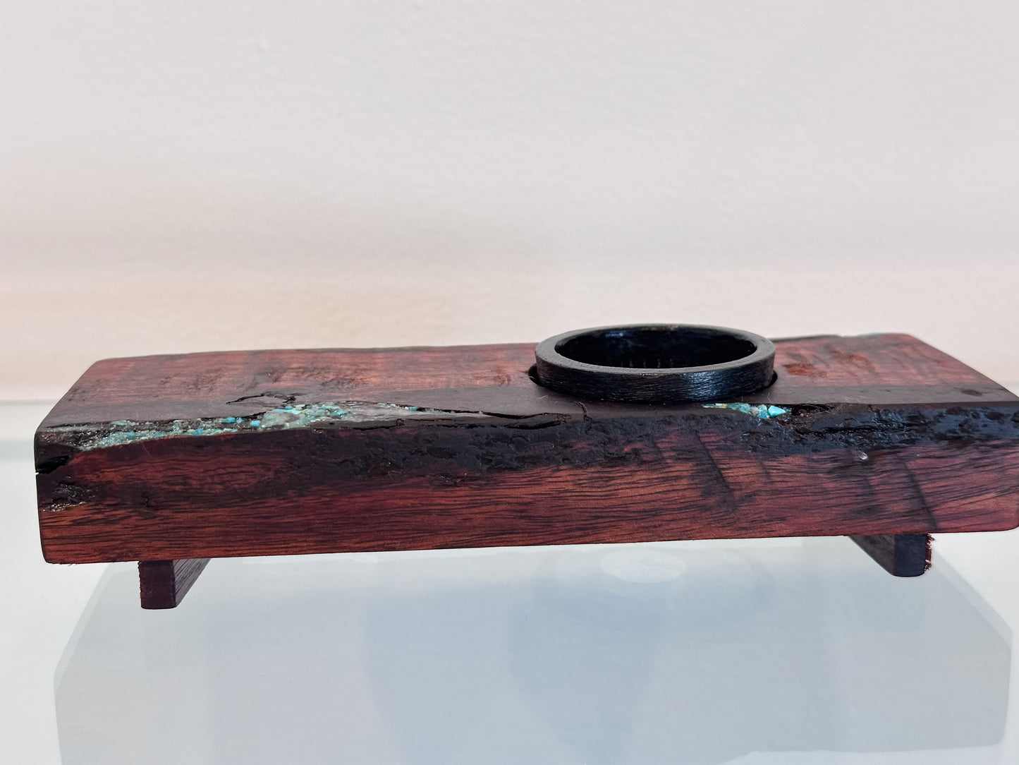 Handmade Koa Wood Ikebana (Japanese Style Vase) with Bark Inclusion and Turquoise Gemstone Inlay, Wood Ikebana, Made in Hawaii