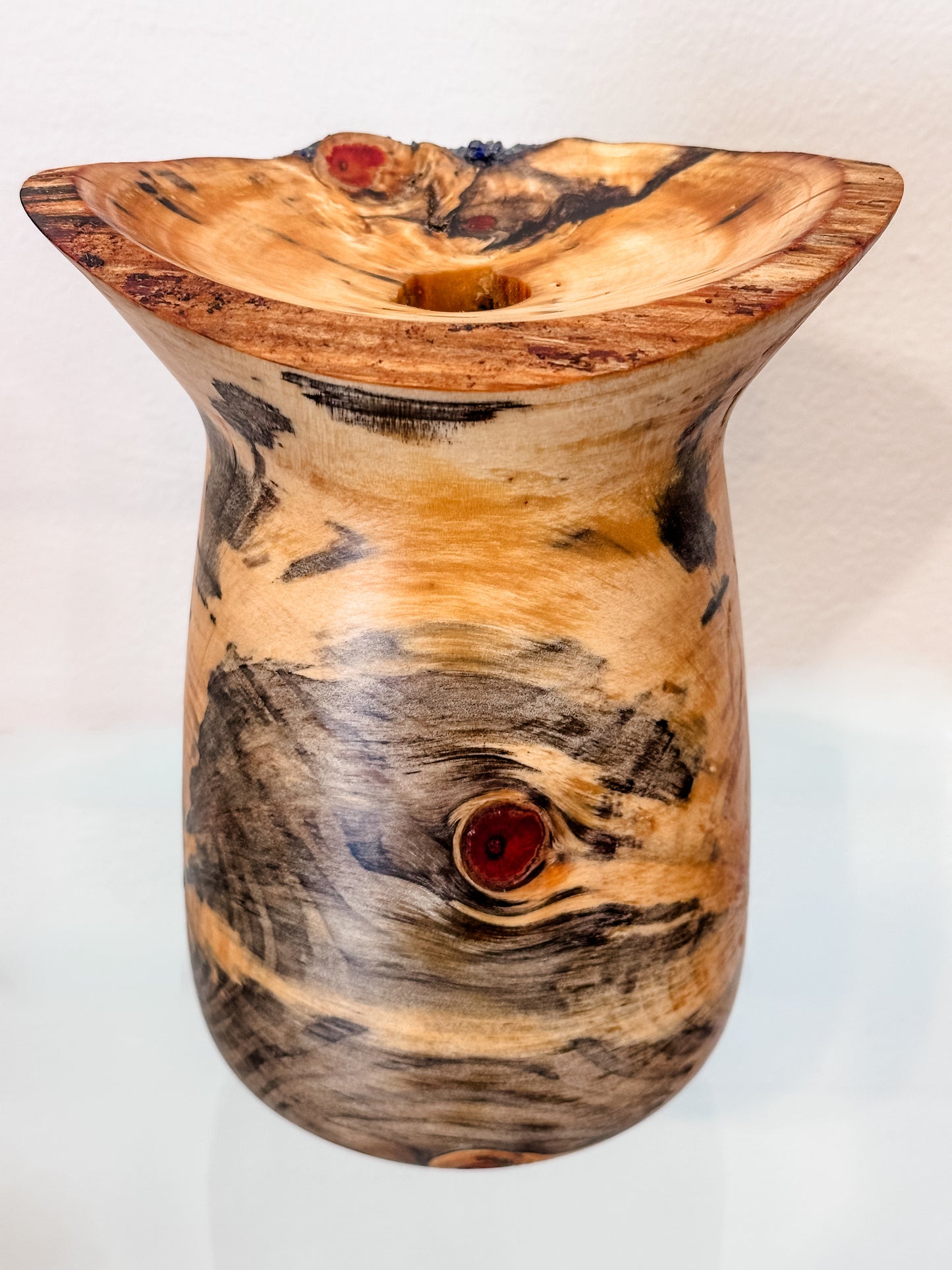 Stunning Handmade Norfolk Pine Wood Vase with Natural Edge and Lapis Lazuli Gemstone Inlay, Handmade in Hawaii