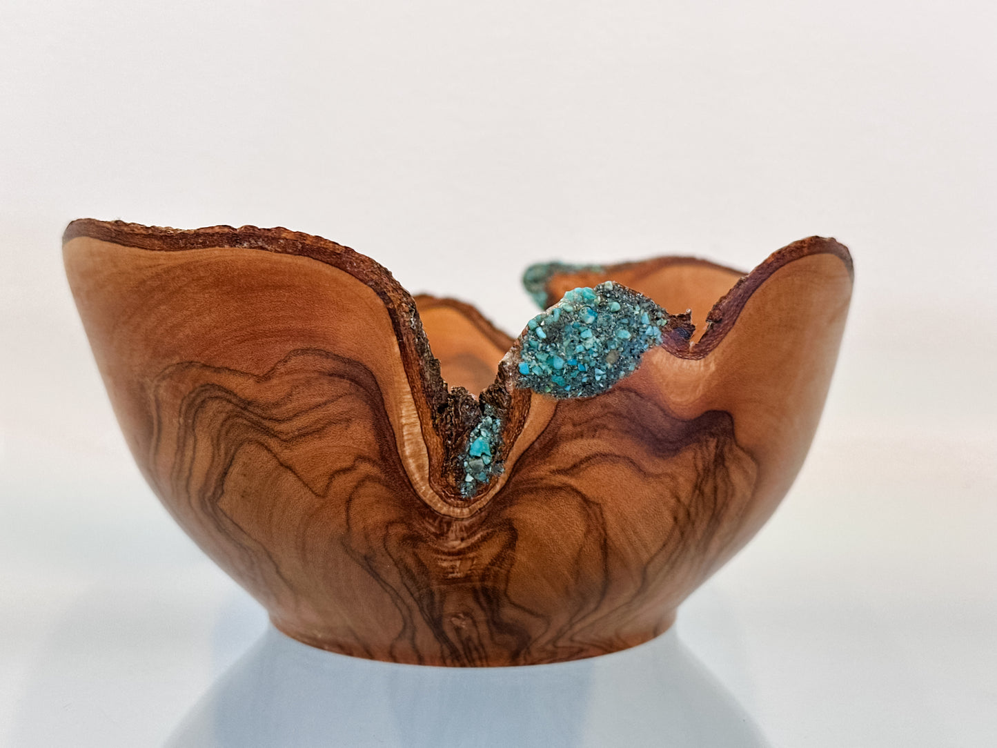 Handmade, Natural Edge Olive Wood Bowl with Turquoise Gemstone Inlay