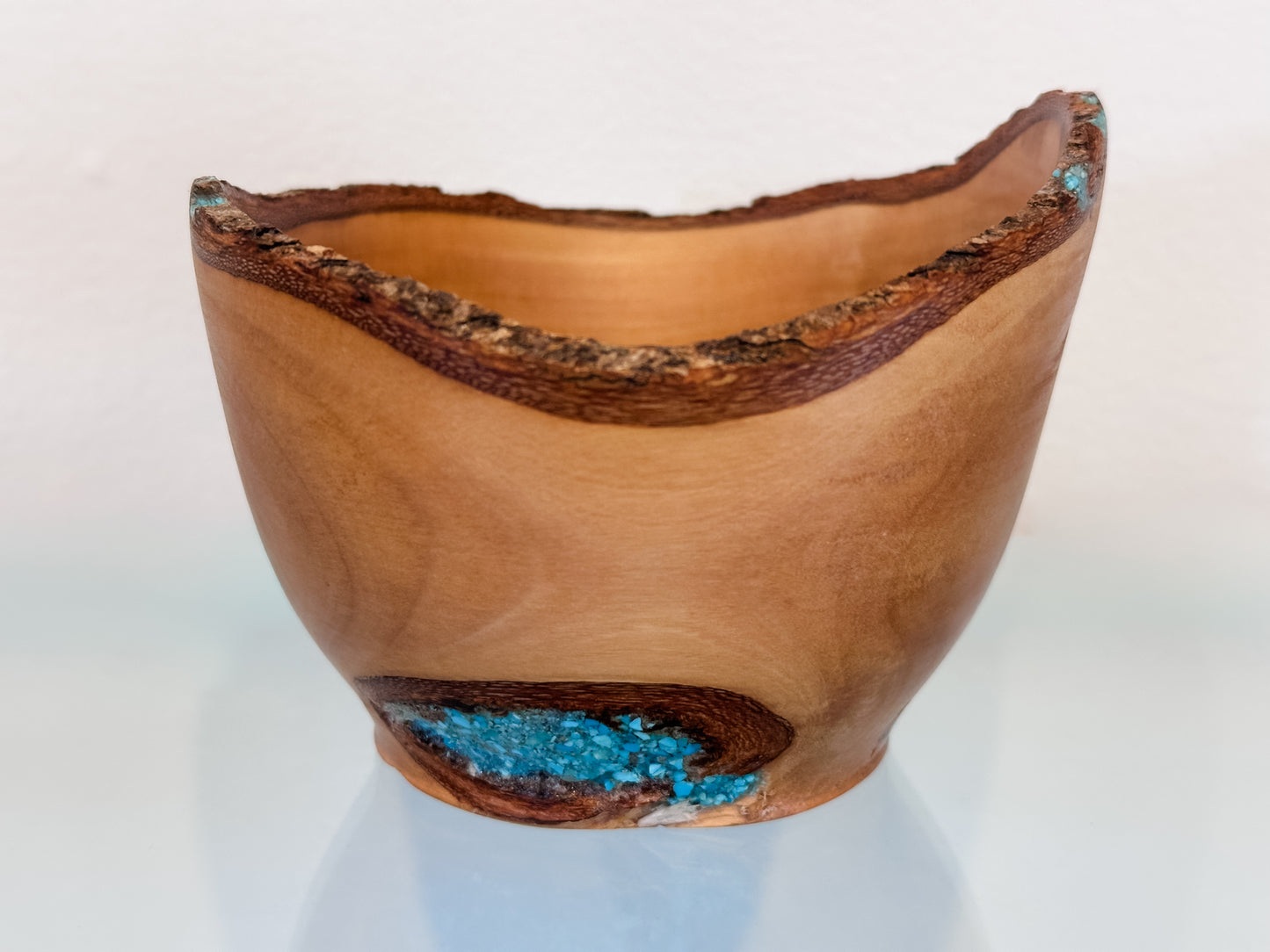Small, Handmade, Natural Edge Olive Wood Bowl with Turquoise Gemstone Inlay