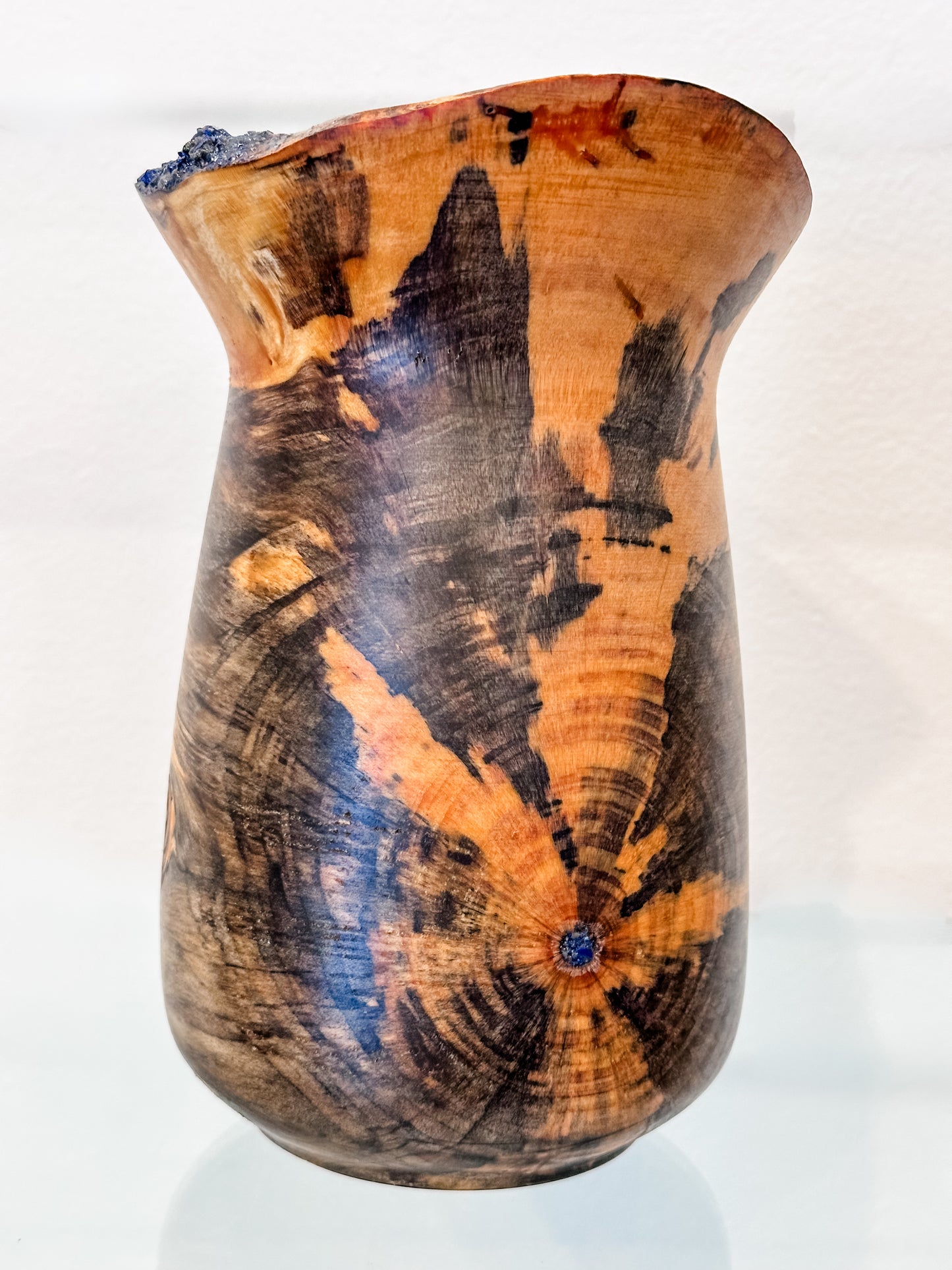 Stunning Handmade Norfolk Pine Wood Vase with Natural Edge and Lapis Lazuli Gemstone Inlay, Handmade in Hawaii