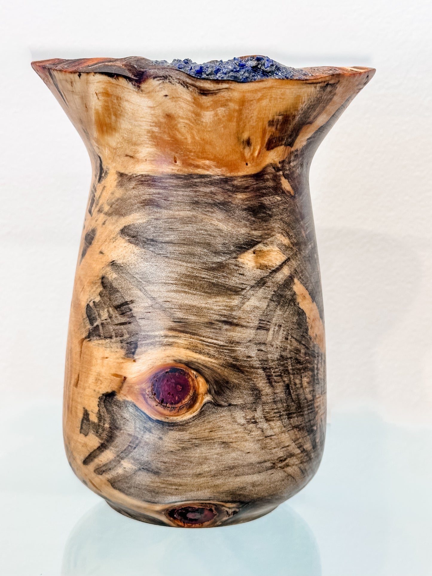 Stunning Handmade Norfolk Pine Wood Vase with Natural Edge and Lapis Lazuli Gemstone Inlay, Handmade in Hawaii