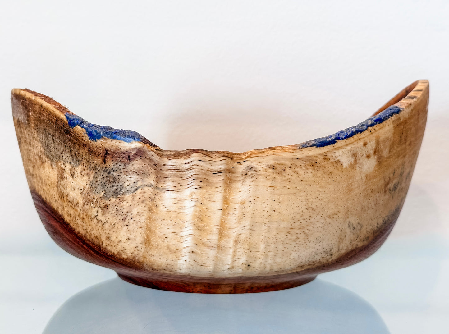 Handturned Natural Edge Earpod Wood Bowl with Lapis Lazuli, Handmade in Hawaii