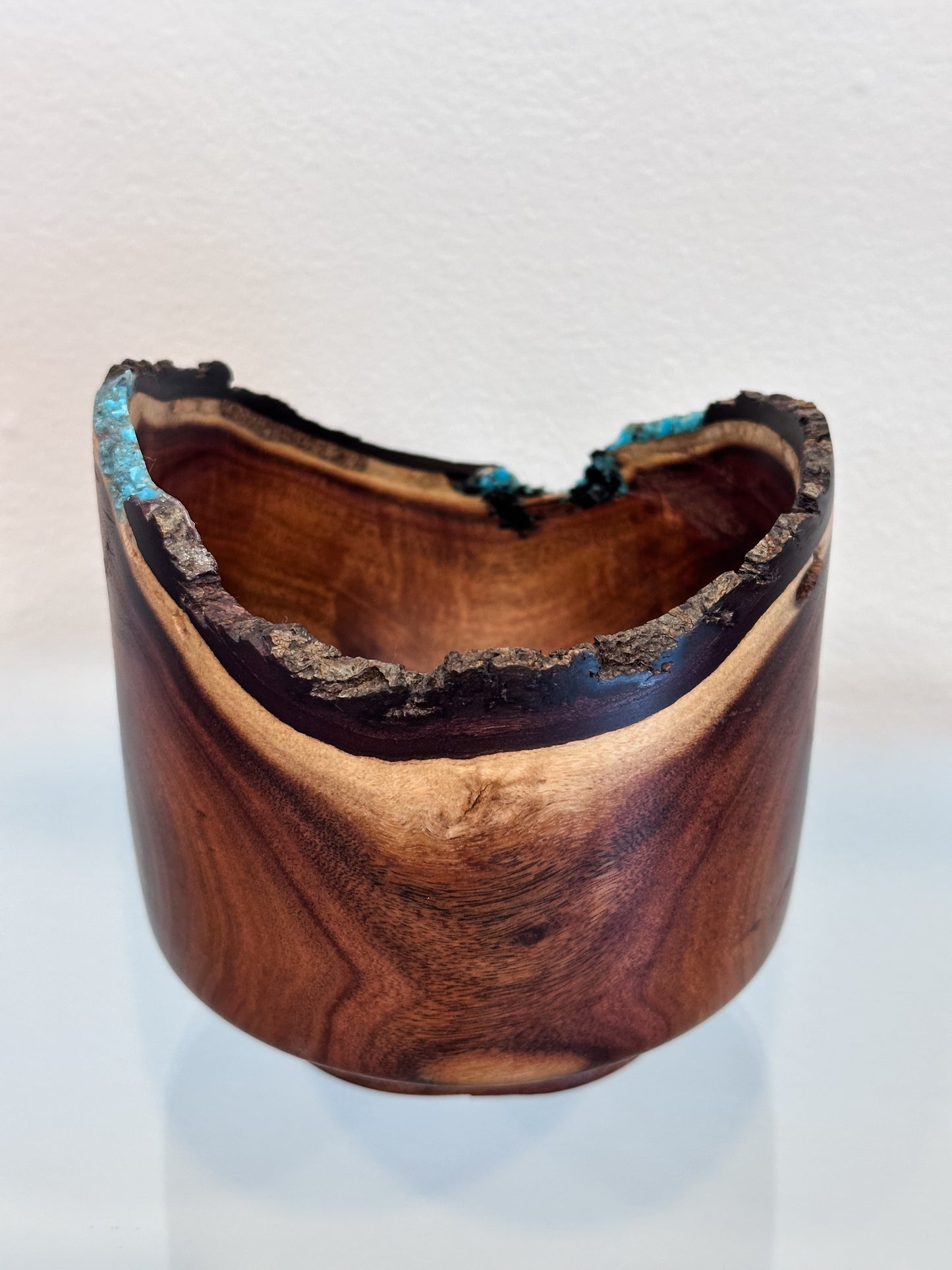Small Koai’a Wood Bowl with Natural Edge and Turquoise and Anthracite Inlay