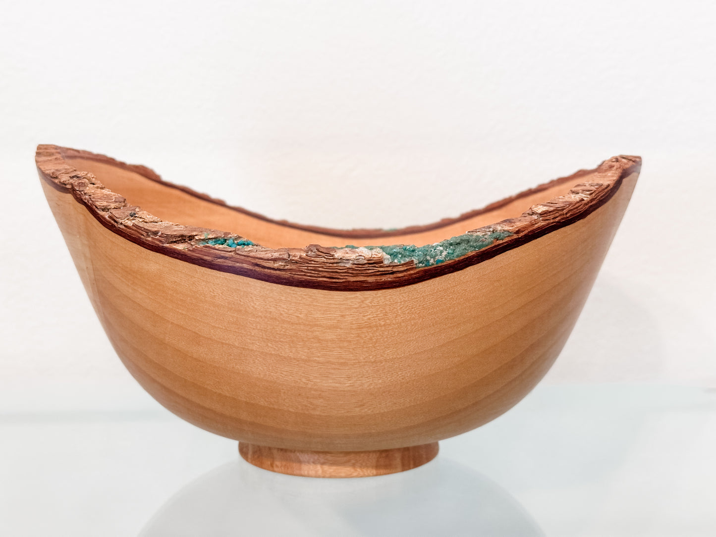 Jacaranda Wood Bowl with Live Edge Bark Inclusion and Turquoise Gemstone Inlay, Handmade in Hawaii, Organic