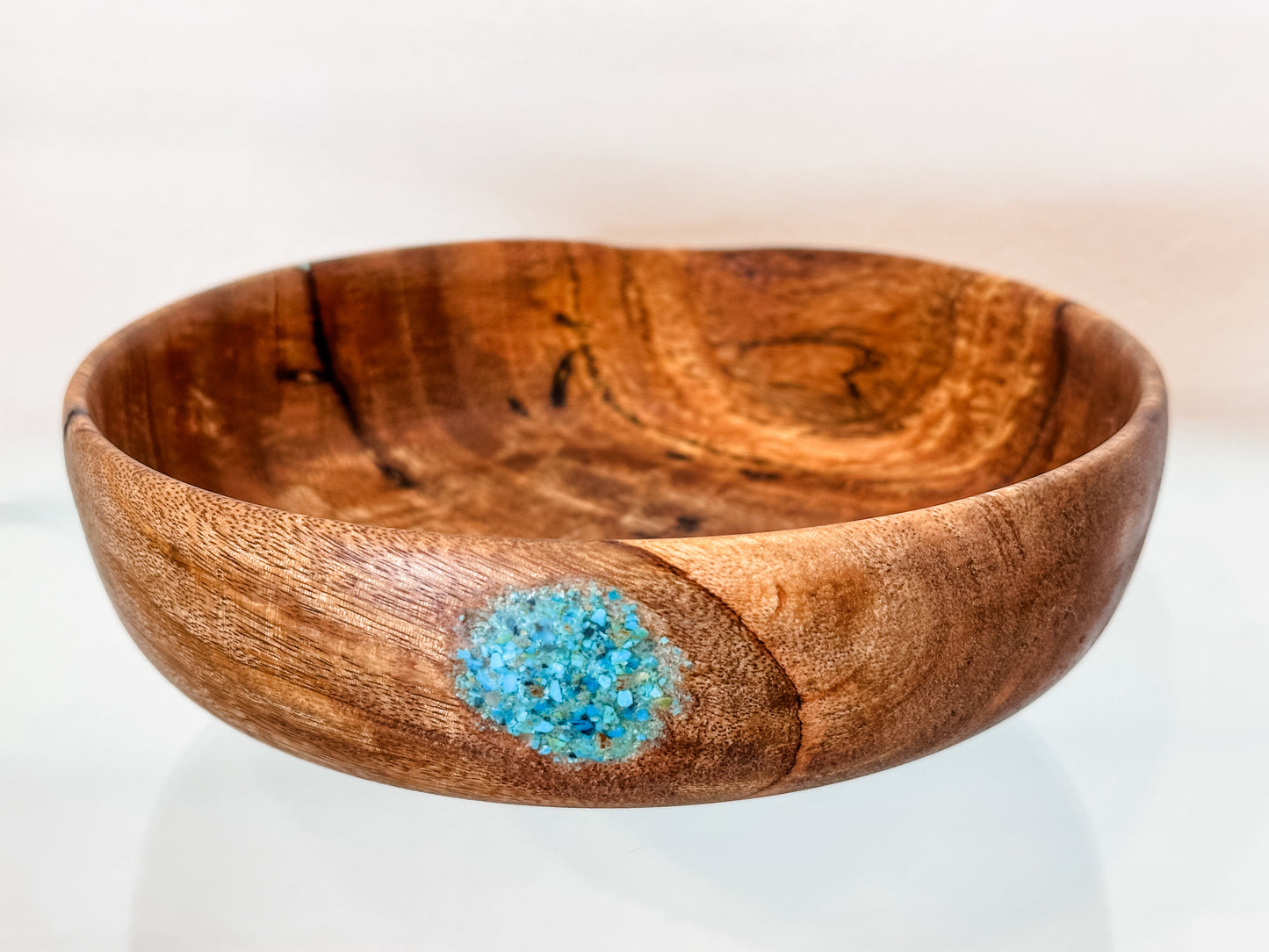Hand-turned Mango Wood Bowl, Food Safe, Organic Finishes, Turquoise Inlay