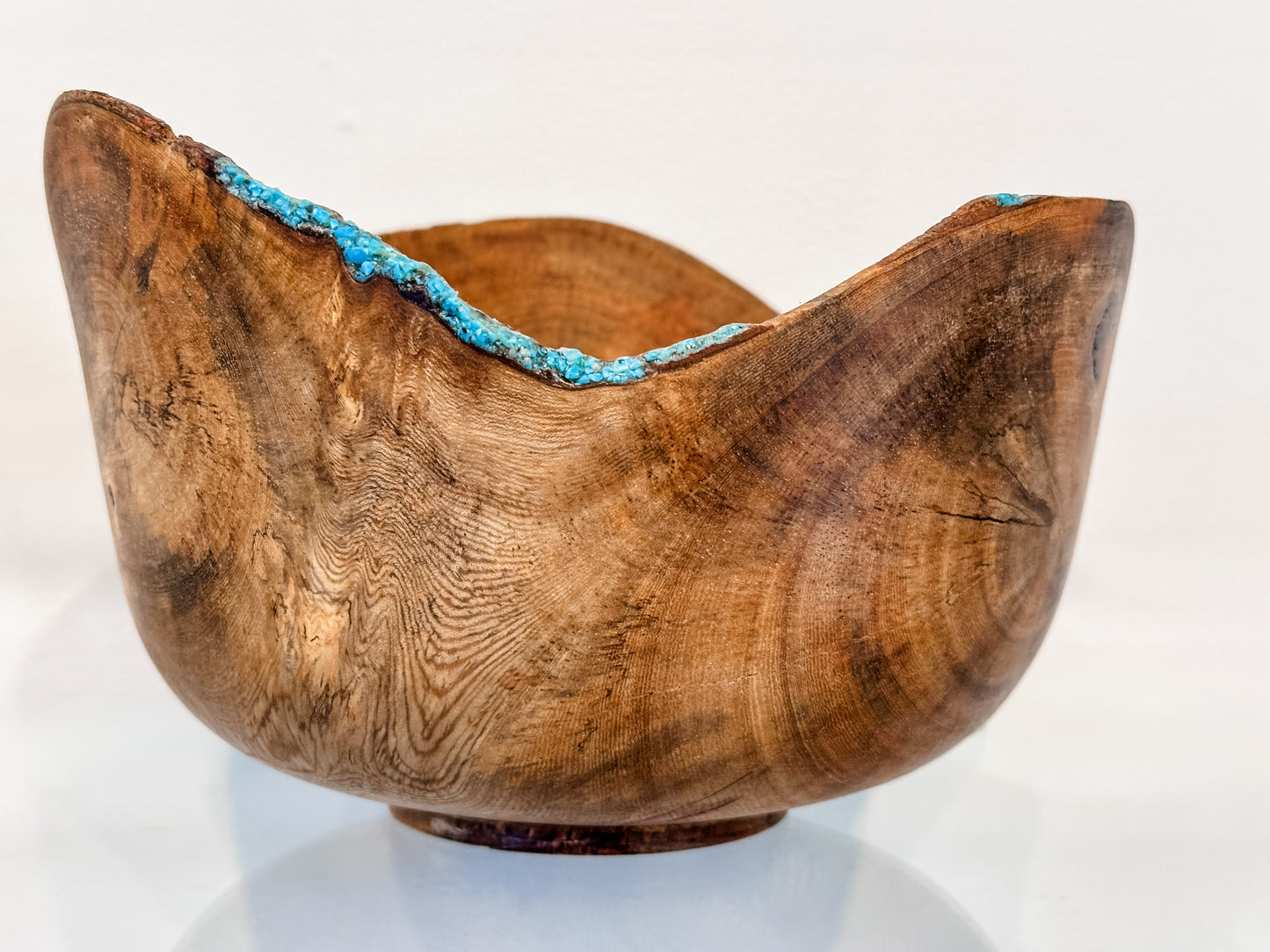 Banyan Wood Bowl, Decorated with Turquoise Gemstone Inlay, Handmade in Hawaii