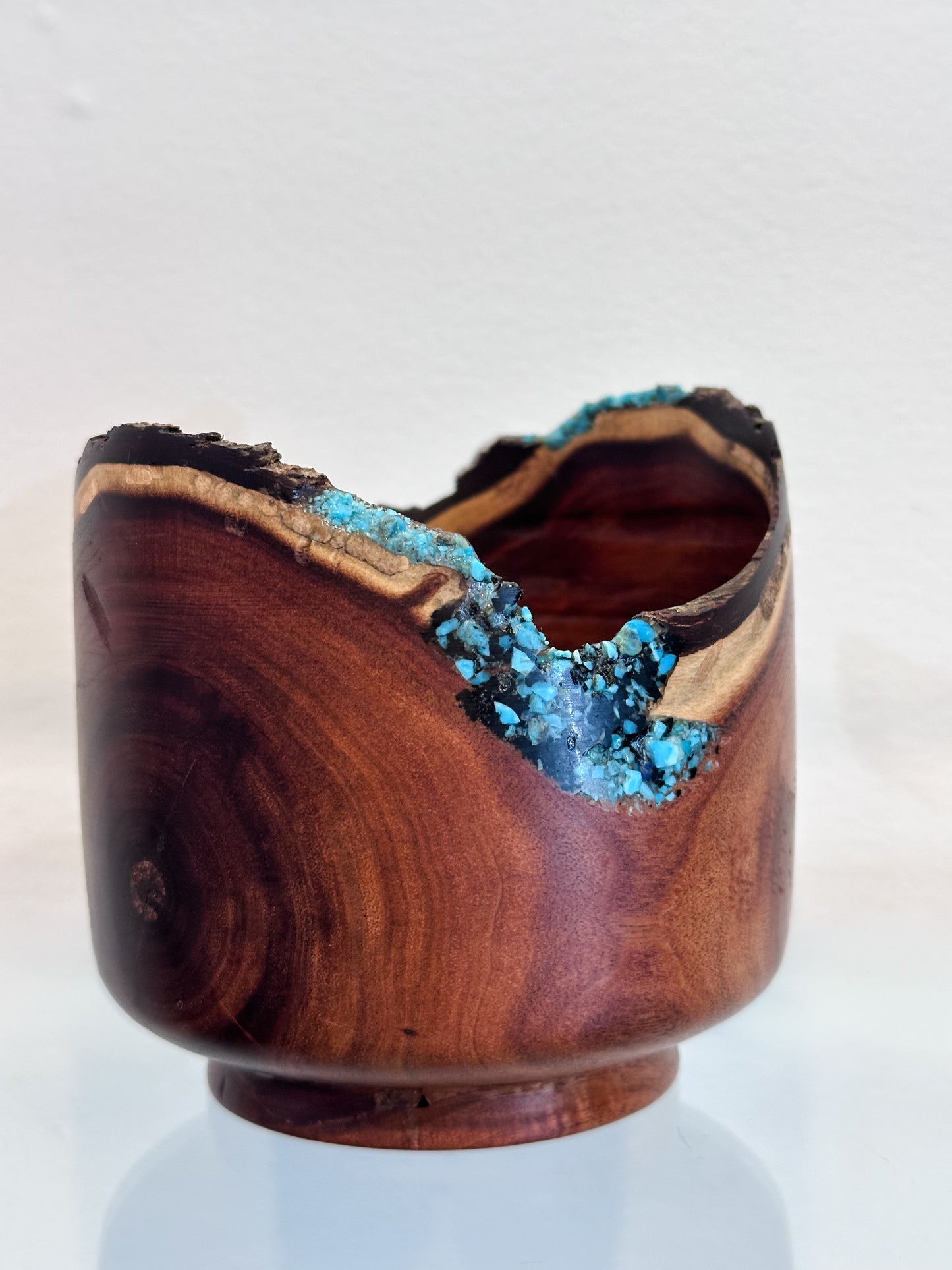 Small Koai’a Wood Bowl with Natural Edge and Turquoise and Anthracite Inlay