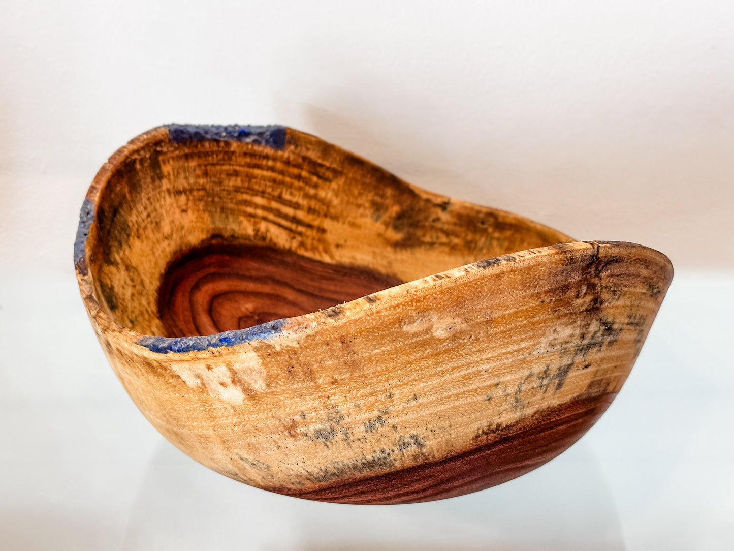 Handturned Natural Edge Earpod Wood Bowl with Lapis Lazuli, Handmade in Hawaii