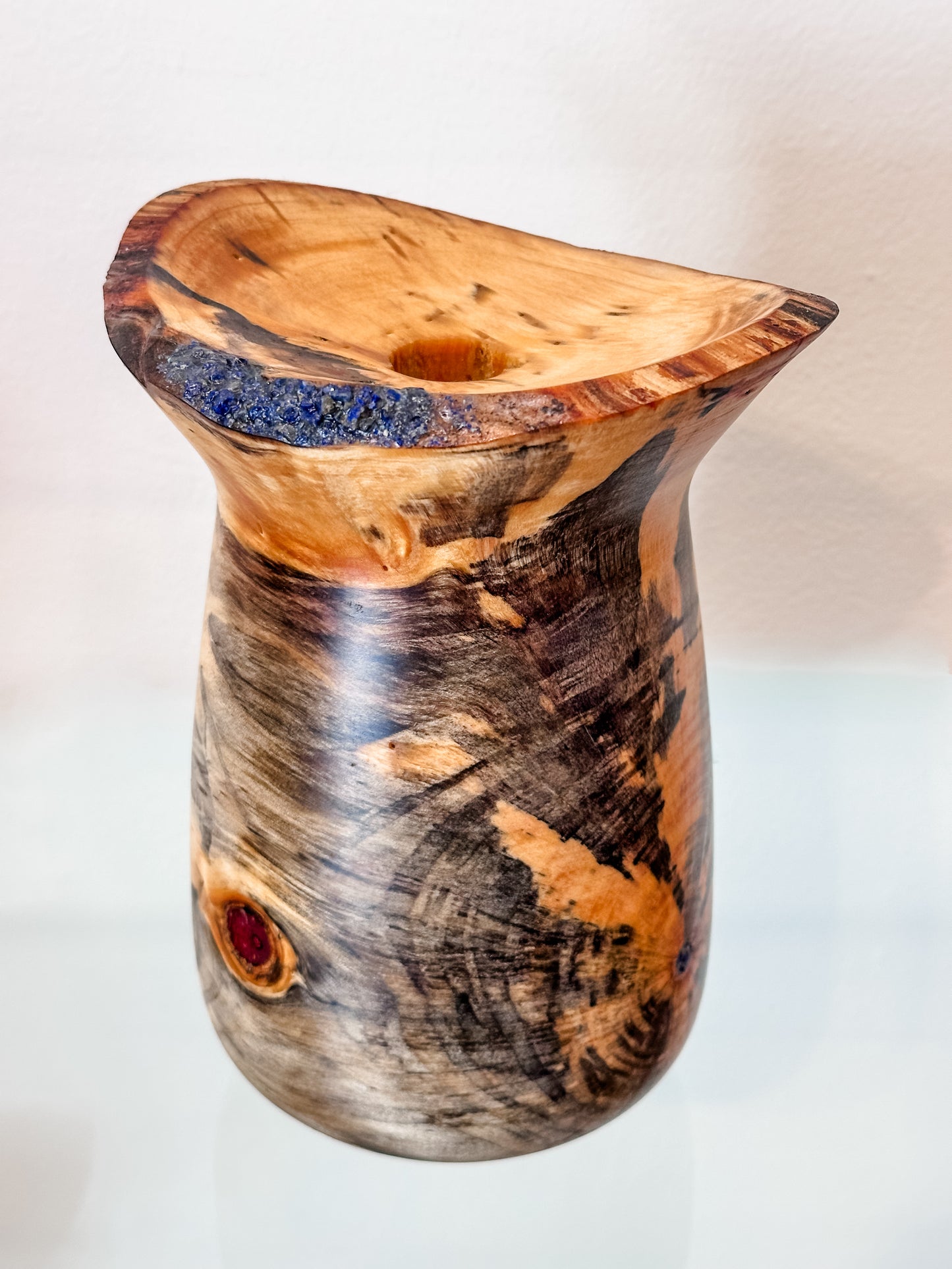 Stunning Handmade Norfolk Pine Wood Vase with Natural Edge and Lapis Lazuli Gemstone Inlay, Handmade in Hawaii