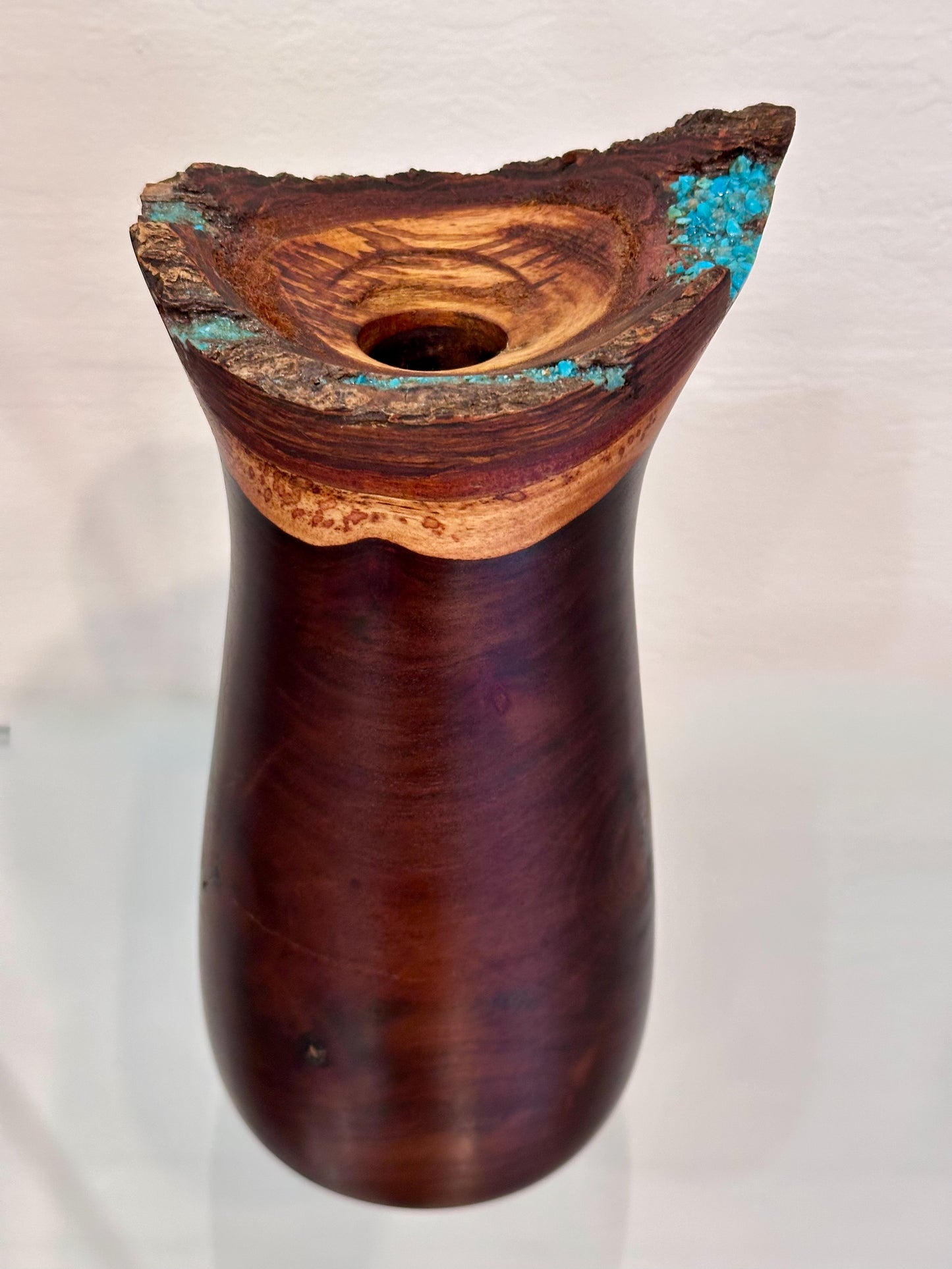 Handmade Milo Wood Vase with Turquoise Gemstone Inlay, Handmade in Hawaii