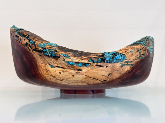 Hand-carved, natural edge Koa wood bowl with turquoise and anthracite kintsugi stone detailing, Handmade in Hawaii by Llosh Winne