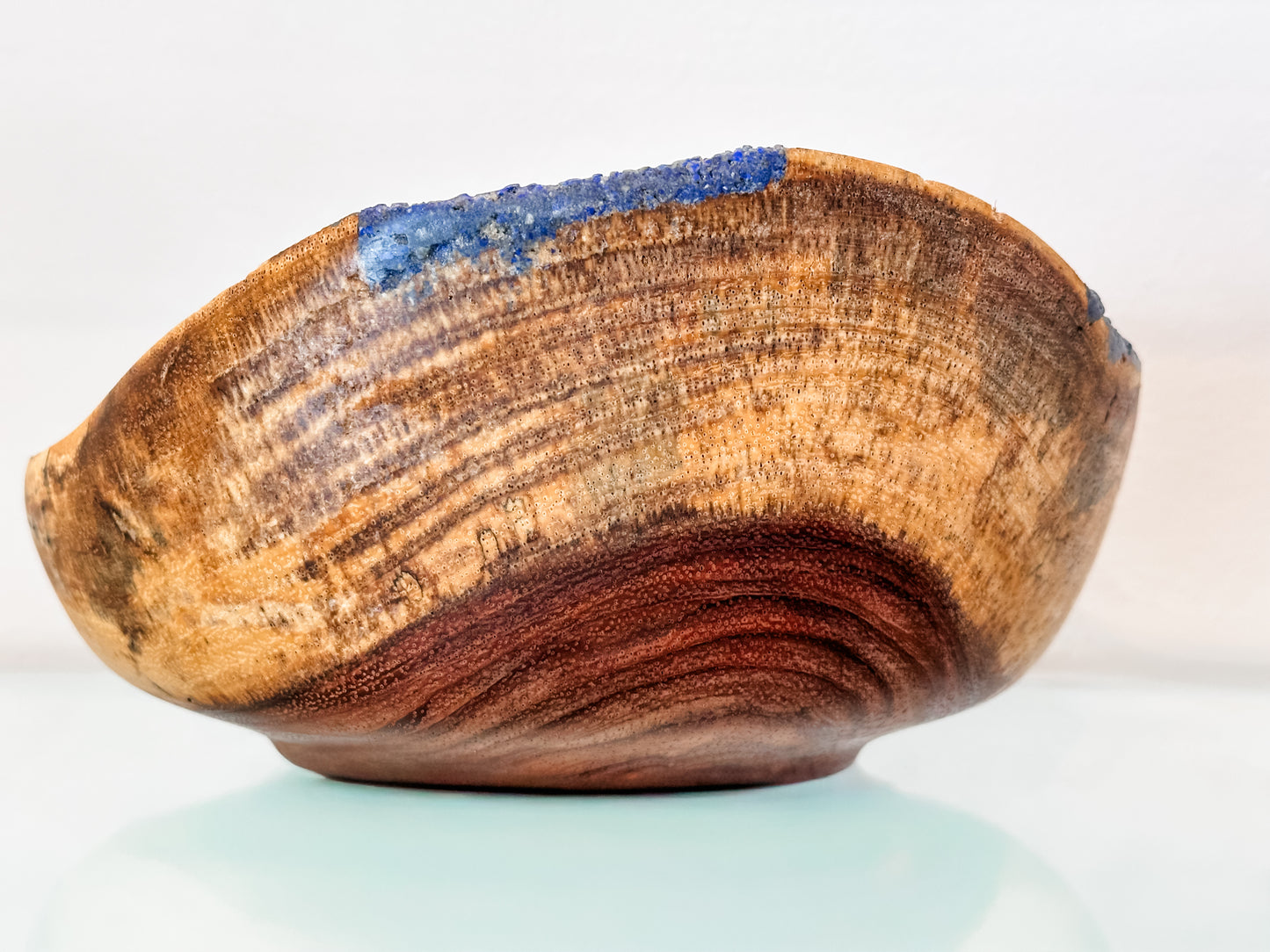 Handturned Natural Edge Earpod Wood Bowl with Lapis Lazuli, Handmade in Hawaii