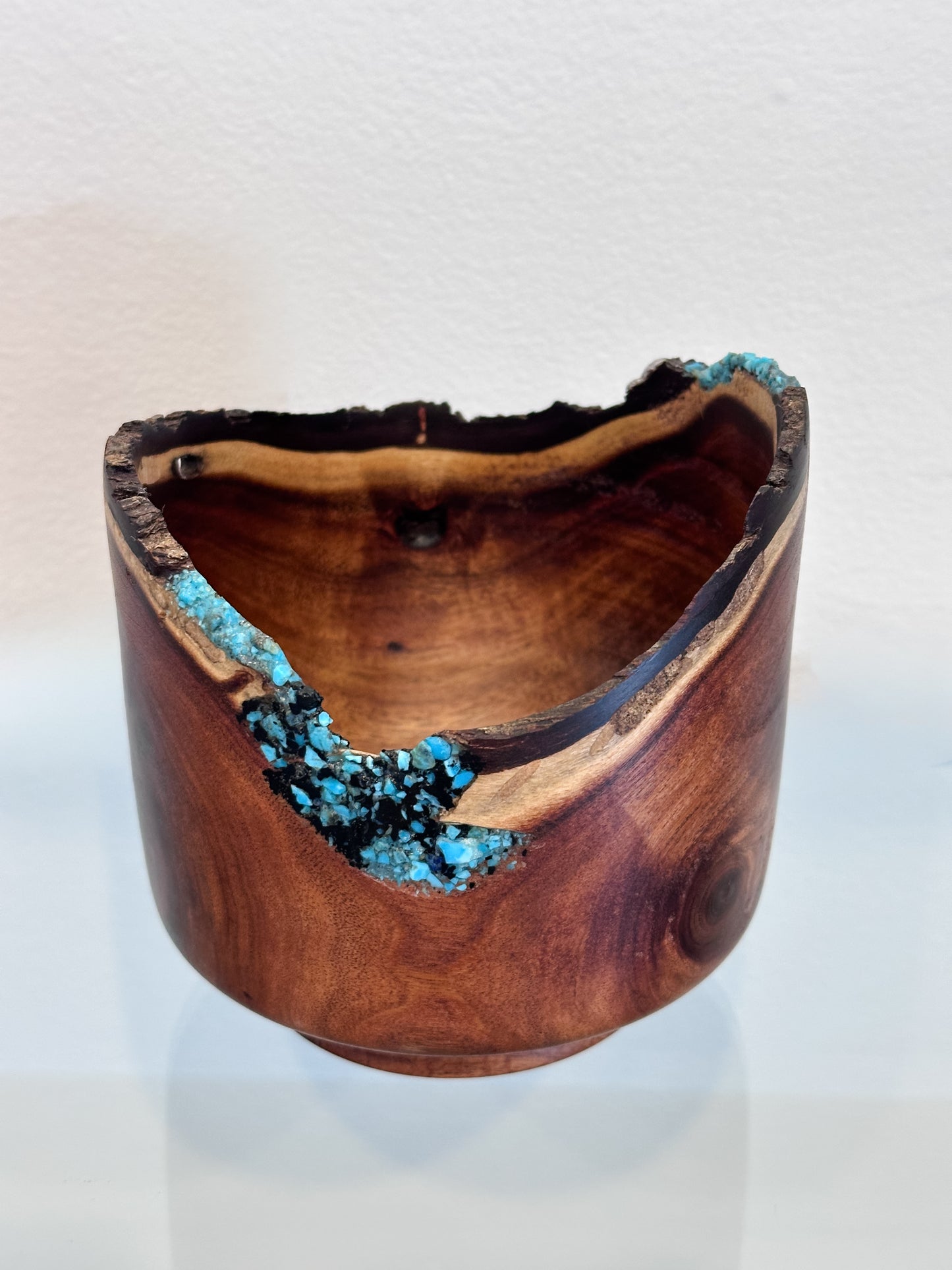 Small Koai’a Wood Bowl with Natural Edge and Turquoise and Anthracite Inlay