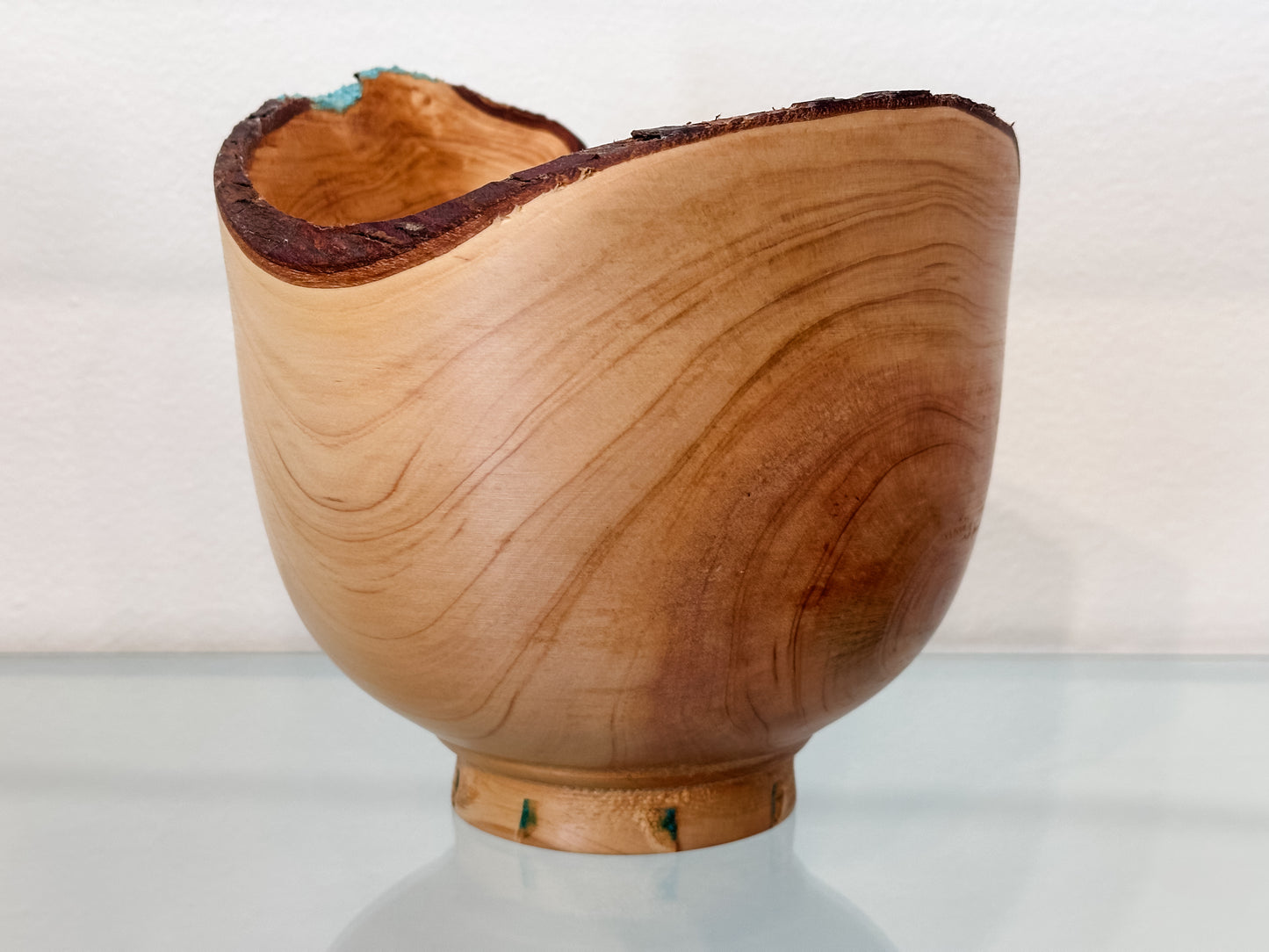 Natural Edge Cypress Wood Bowl with Turquoise Inlay, Hand-Turned in Hawaii by professional artist and bowl turner Llosh Winne