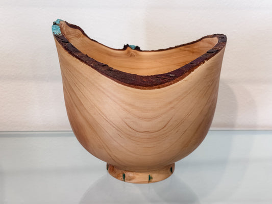 Natural Edge Cypress Wood Bowl with Turquoise Inlay, Hand-Turned in Hawaii by professional artist and bowl turner Llosh Winne