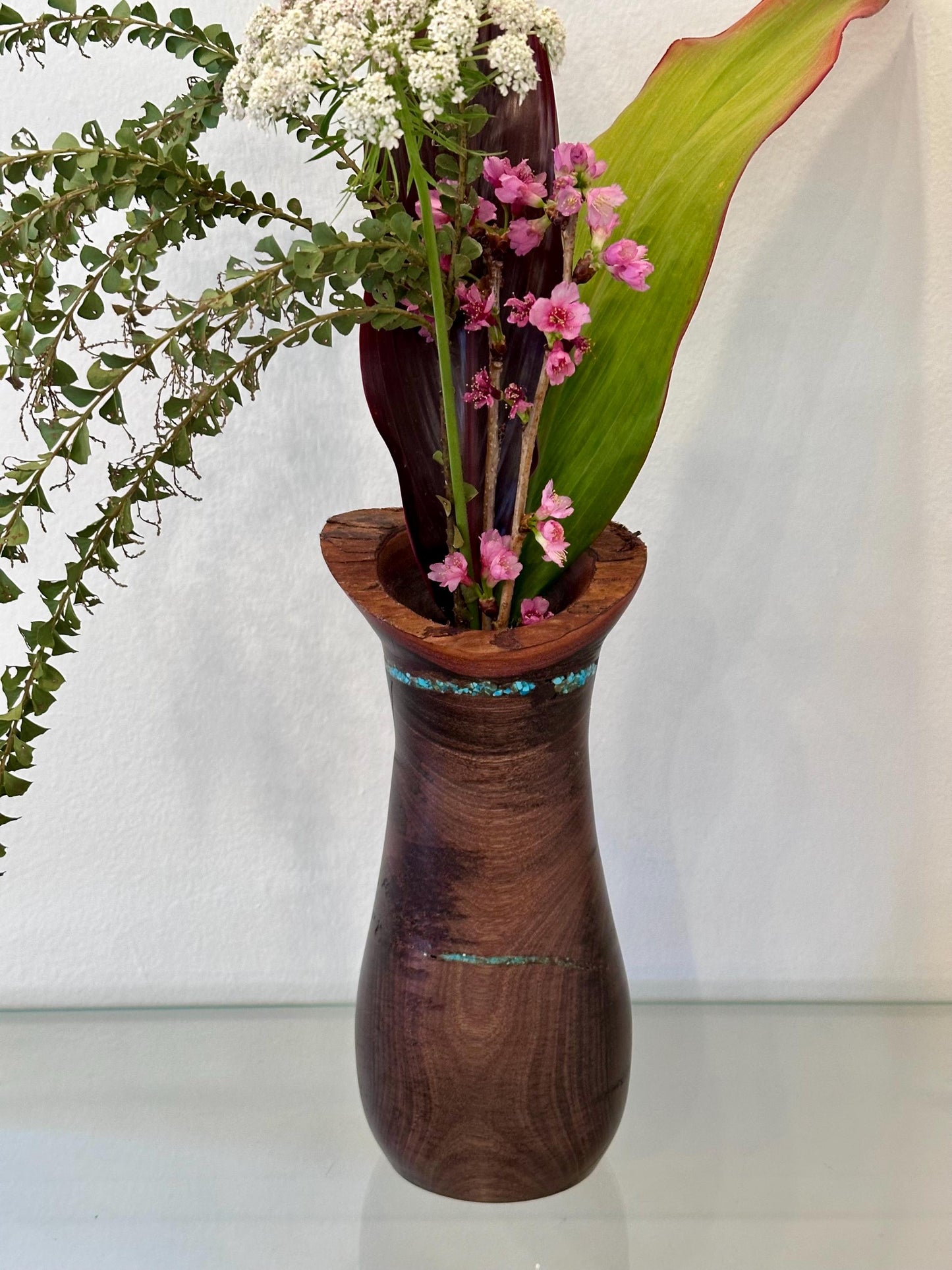 Handmade Milo Wood Vase with Turquoise Gemstone Inlay, Handmade in Hawaii