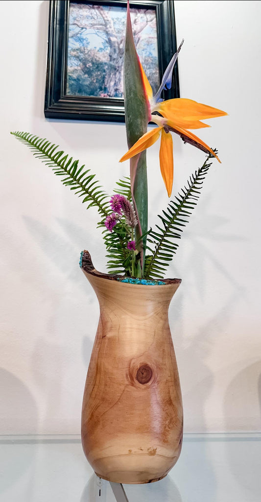 Cypress Wood Vase with Turquoise Gemstone Inlay, Wood Vase, Handmade in Hawaii