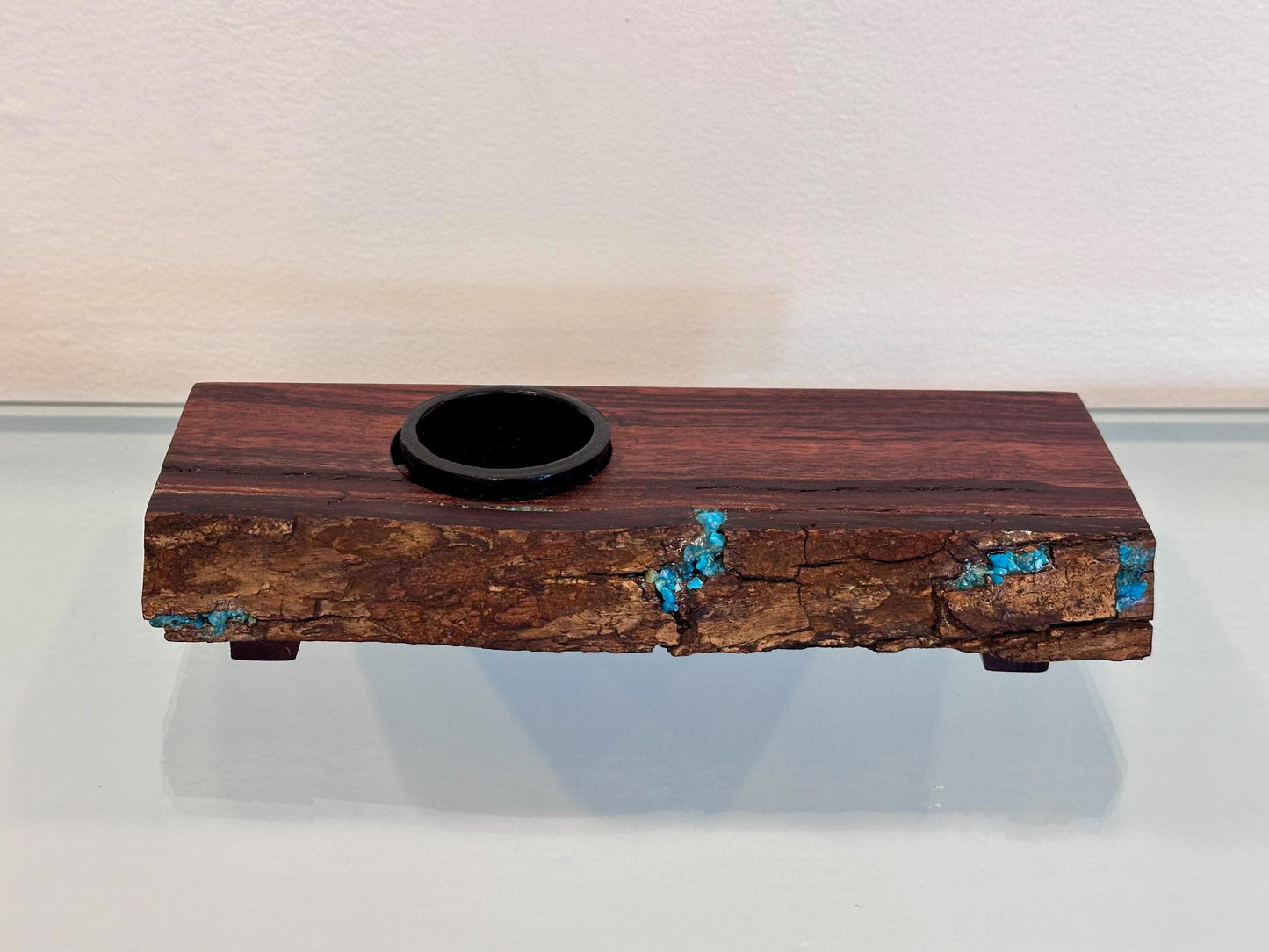 Handmade Koa Wood Ikebana (Japanese Style Vase) with Bark Inclusion and Turquoise Inlay, Wood Ikebana, Made in Hawaii