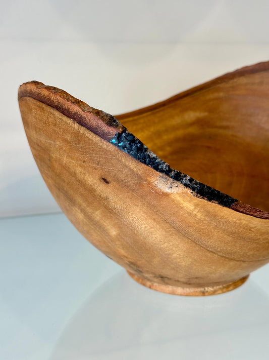 Natural Edge Mango Wood Bowl with Turquoise Gemstone and Black Alaskan Anthracite Inlay Detail, Handmade by Llosh Winne