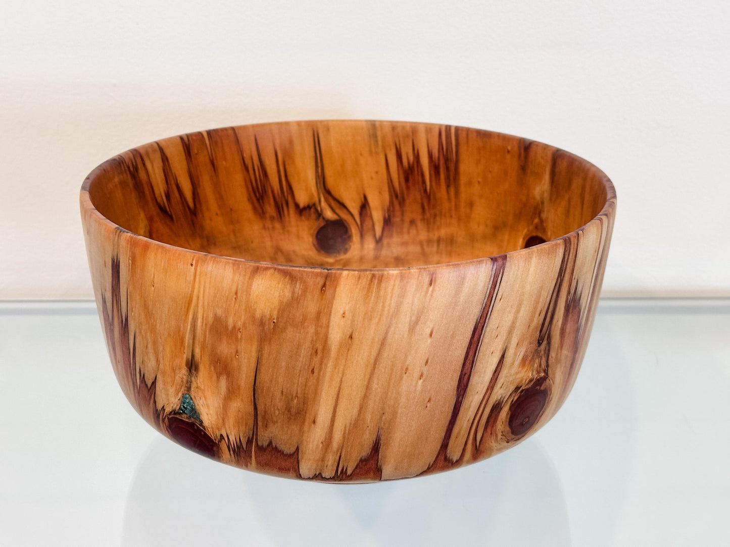 Handmade Norfolk pine wood bowl, Decorated with precious turquoise gemstone inlay, Hand-carved in Hawaii by artist Llosh Winne