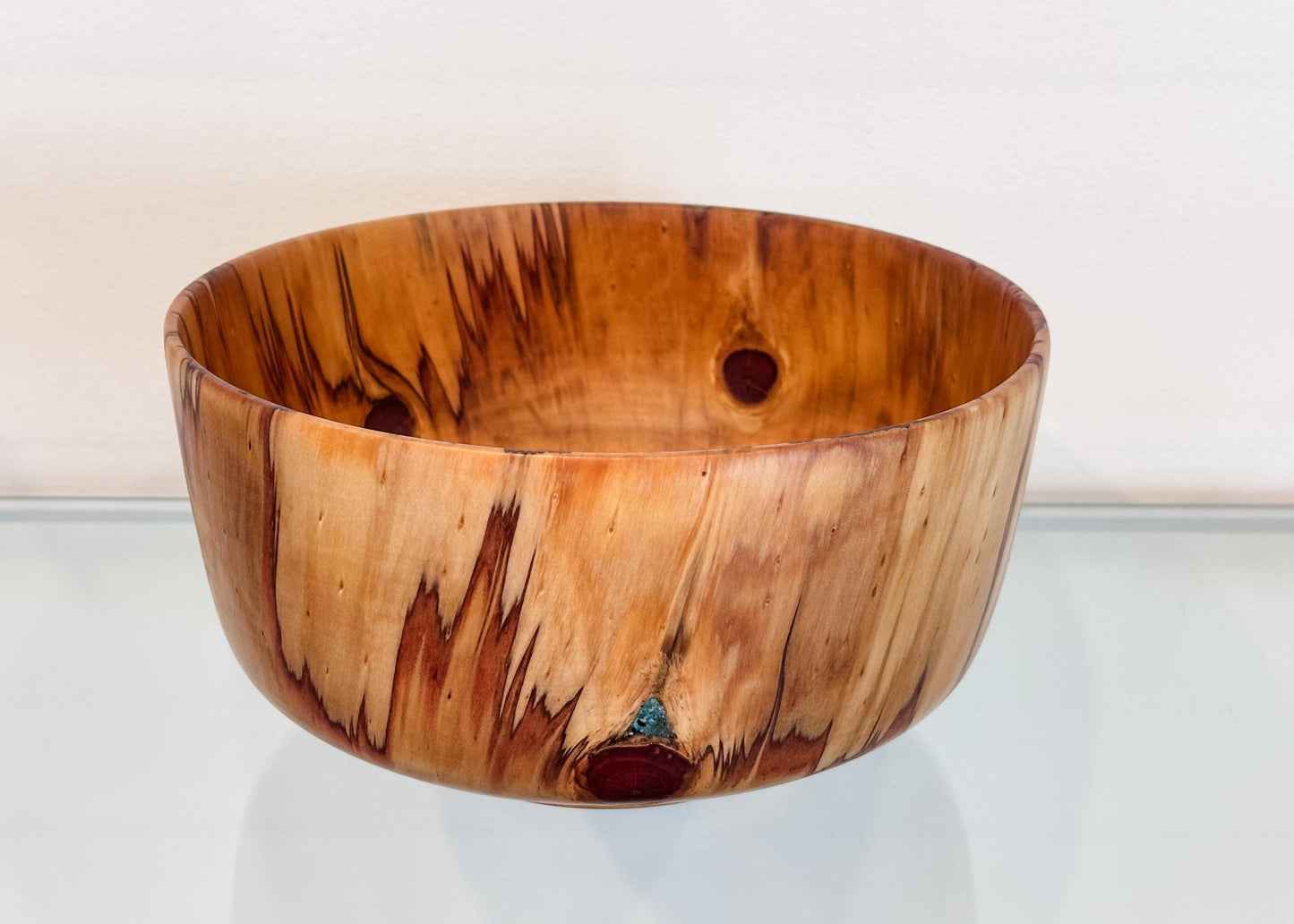 Handmade Norfolk pine wood bowl, Decorated with precious turquoise gemstone inlay, Hand-carved in Hawaii by artist Llosh Winne