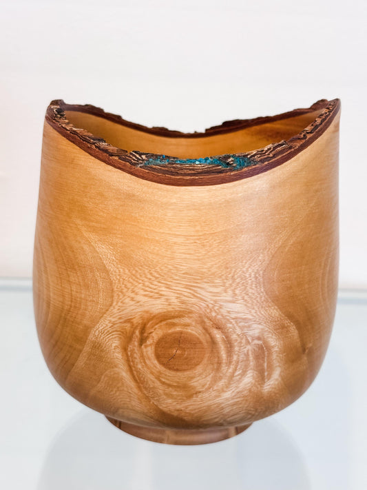 Jacaranda Wood Bowl, Handmade, Artisanal, Natural Edge, with Bark Inclusion and Turquoise Inlay, Hand-carved out of jacaranda wood in Hawaii
