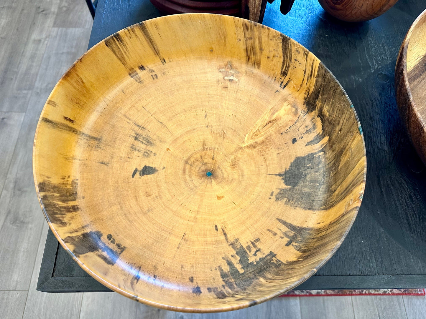 Large Wood Bowl, Handturned Wood Bowl, Norfolk Pine Wood Bowl, Decorated with Turquoise inlay, Handmade in Hawaii by Llosh Winne