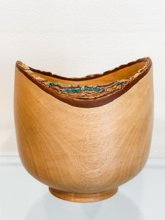 Jacaranda Wood Bowl with Live Edge Bark Inclusion and Turquoise Gemstone Inlay, Handmade in Hawaii, Organic